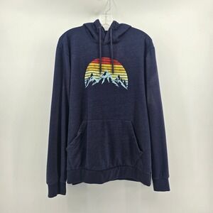 Mountain and Isles Retro Sunset Mountain Graphic Hoodie Navy Fleece Men's L